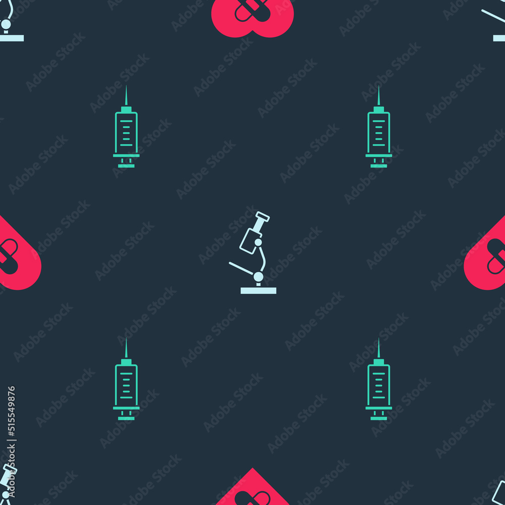 Poster set healed broken heart, microscope and syringe on seamless pattern. vector