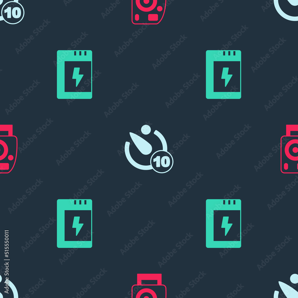 Poster set photo camera, camera timer and battery for on seamless pattern. vector
