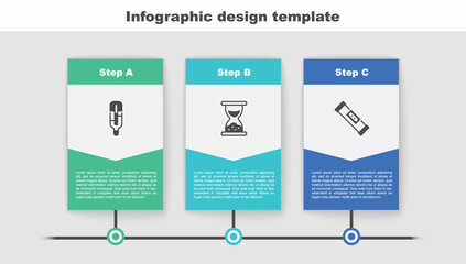 Set Medical thermometer, Old hourglass with sand and Construction bubble level. Business infographic template. Vector