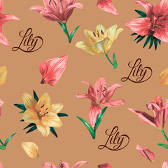 Vector seamless background with decorative lily flowers on a hand-drawn colored background. Design for wallpaper, wrapping paper, background, fabric. Vector illustration. Realistic drawing.