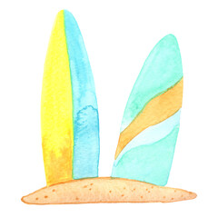 surf board on sand beach watercolor for decoration on activity on summer holiday.