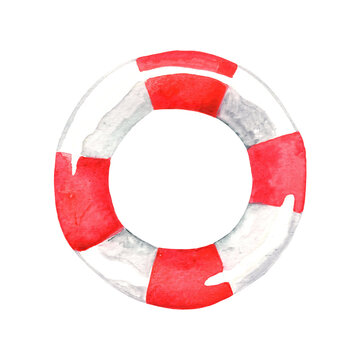 red and white lifebuoy watercolor for decoration on summer holiday.