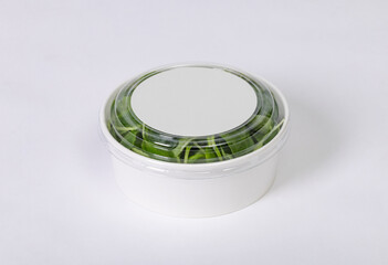 Takeaway food container round box mockup with vegetable and fruit, copy space for your logo or graphic design