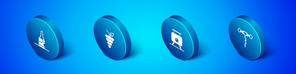 Set Isometric Bottle of wine, Fermentation grapes, Wine corkscrew and Bunch icon. Vector