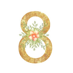 Golden number 8 with with a watercolor bouquet of tropical leaves and flowers on a white isolated background. Hand-drawn vector illustration