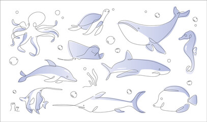 Underwater outline animals. Line art ocean and sea life collection. One line sea life set.