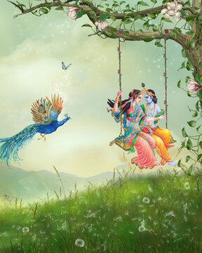 3D illustration , nature background with watercolor Grass , Radha Krishna  on swing , flying peacock Stock Illustration | Adobe Stock