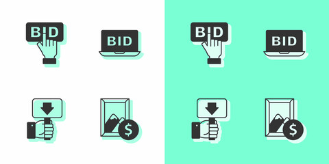 Set Auction painting, Bid, Hand holding auction paddle and Online icon. Vector