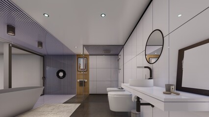 luxury bathtub Master bathroom design with dressing lamp and large window shower toilet 3d illustration