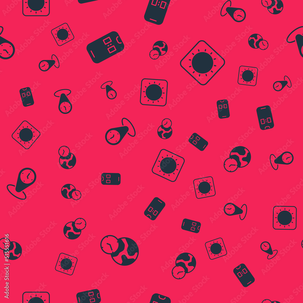 Poster set world time, alarm clock app mobile, time zone clocks and sun on seamless pattern. vector