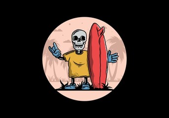 Little skull holding a surfing board illustration design