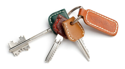 Keys in leather cases with an empty keychain isolated on white background.