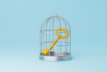 The golden key is locked in a cage. 3d render