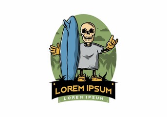 Little skull holding a surfing board illustration design