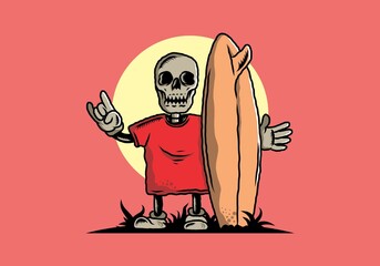 Little skull holding a surfing board illustration design