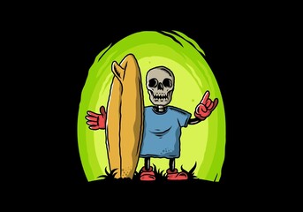 Little skull holding a surfing board illustration design