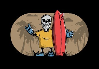 Little skull holding a surfing board illustration design