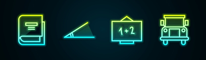 Set line Book, Acute angle, Chalkboard and School Bus. Glowing neon icon. Vector