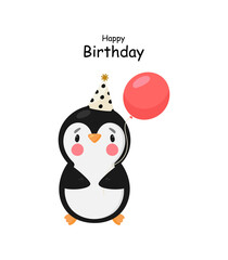 Cute Penguin with balloon . Cartoon style. Vector illustration. For card, posters, banners, books, printing on the pack, printing on clothes, fabric, wallpaper, textile or dishes.
