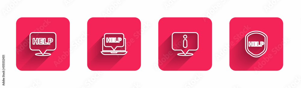 Poster set line speech bubble with text help, laptop and help, information and shield with long shadow. red