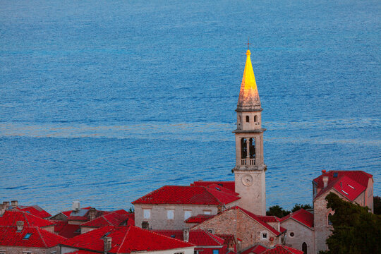 Budva Montenegro Citadela Fortress . Red rooftops of old coastal town