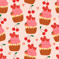 seamless pattern cartoon strawberry cupcake with cherry in pink background. cute wallpaper for gift wrap paper
