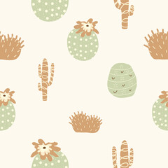 Cute Cactus and Succulent Seamless Pattern Background. Hand drawn desert cacti repeat texture. Summer kids print in pastel colors