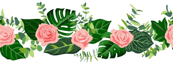 vector drawing tropical garland with green leaves and pink roses flowers, floral composition, exotic seamles pattern at white background , jungle border hand drawn illustration