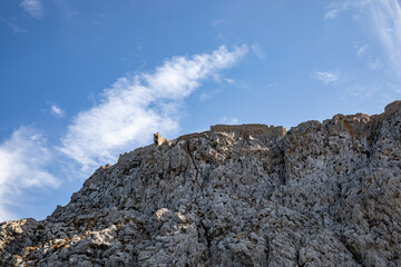 Ruined Feraklos castle overlooking Charaki on the east coast of the island of Rhodes, Greece	