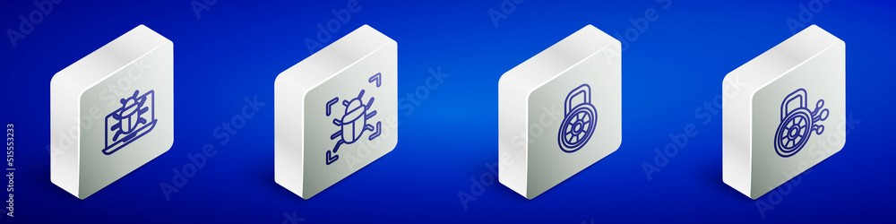 Poster set isometric line system bug on monitor, , safe combination lock and cyber security icon. vector