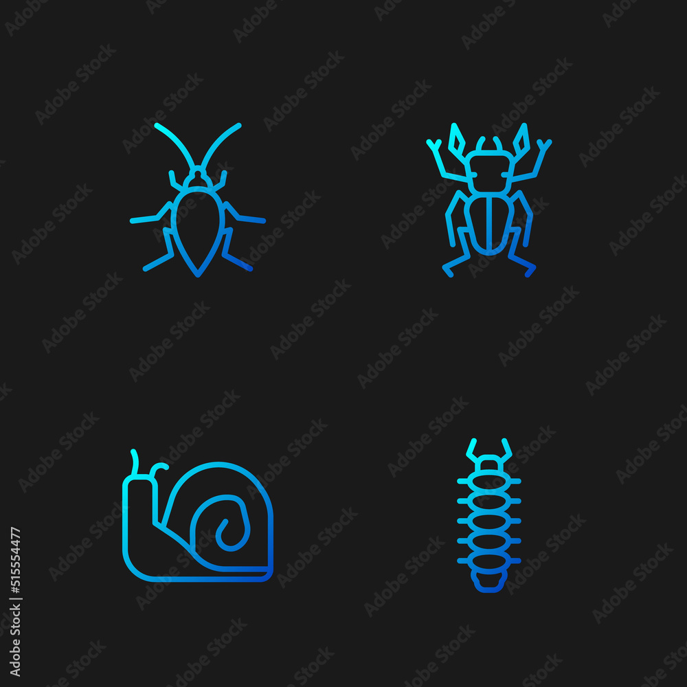 Wall mural set line centipede, snail, cockroach and beetle deer. gradient color icons. vector