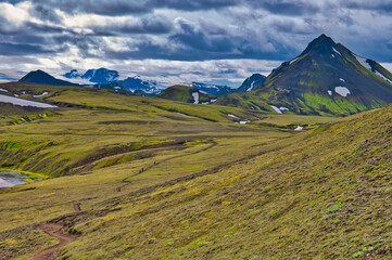 Hikers and hill, Laugevagur Track, Iceland