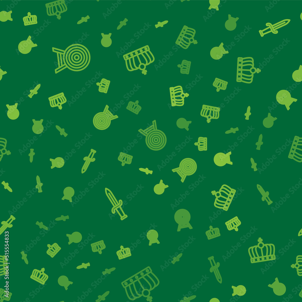 Poster set line target with arrow, dagger and king crown on seamless pattern. vector