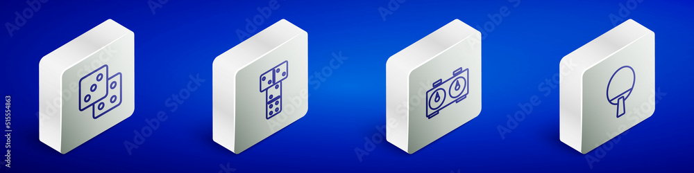 Poster set isometric line game dice, domino, time chess clock and racket icon. vector