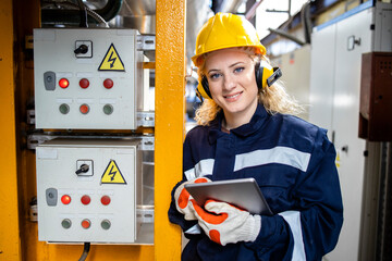 Portrait of professional female factory worker in safety equipment standing in power plant.