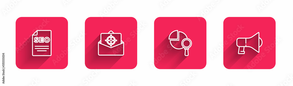 Poster set line seo optimization, mail and e-mail, magnifying glass analysis and megaphone with long shadow