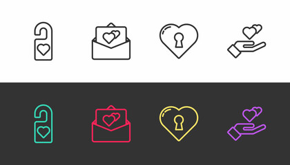 Set line Please do not disturb, Greeting card, Heart with keyhole and hand on black and white. Vector