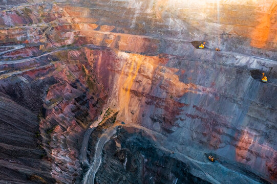 Aerial view of an open pit of iron ore. Resource mining