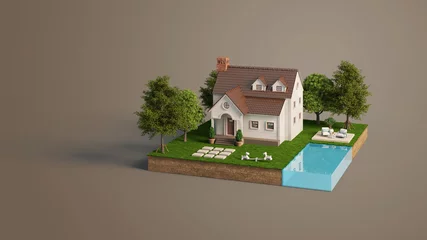 Wandcirkels tuinposter House on land with swimming pool and trees.3d rendering © manow