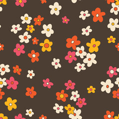 Small scaled hippie seamless vector pattern. Nostalgic retro 60s-70s groovy print. Vintage floral background. Textile and surface design with old fashioned hand drawn naive geometric flowers