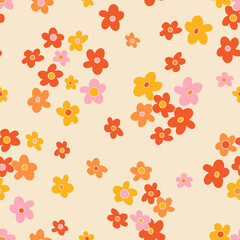 Small scaled hippie seamless vector pattern. Nostalgic retro 60s-70s groovy print. Vintage floral background. Textile and surface design with old fashioned hand drawn naive geometric flowers