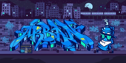 Urban Graffiti Wall With Street Artist Painting Graffiti Drawings At Night Against The Background Of The Cityscape Vector Illustration © Anton Kustsinski