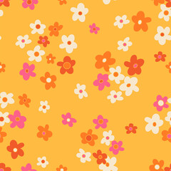 Small scaled hippie seamless vector pattern. Nostalgic retro 60s-70s groovy print. Vintage floral background. Textile and surface design with old fashioned hand drawn naive geometric flowers