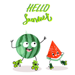 Vector illustration of a whole watermelon and a piece roller skating, cartoon character, with 