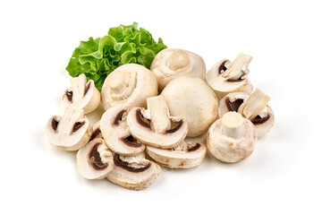Fresh champignon mushrooms, isolated on white background.