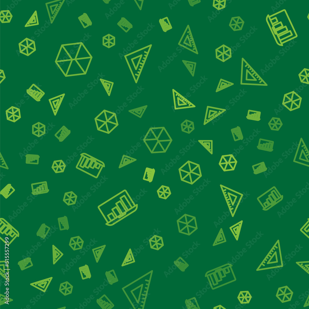 Poster set line geometric figure cube, laptop with graph chart and triangular ruler on seamless pattern. ve