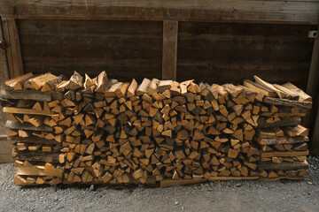 Selective focus picture of oak wood been stack for heating oven