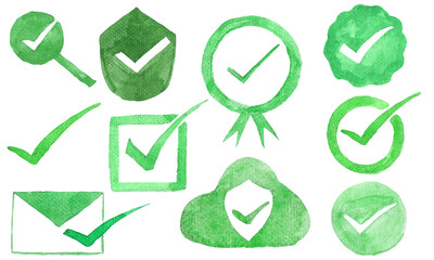 watercolor Green check mark set of green icons with check marks isolated on white background