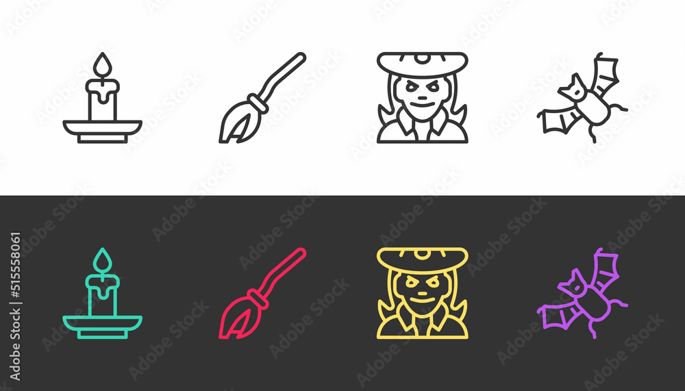 Sticker Set line Burning candle, Witches broom, and Flying bat on black and white. Vector