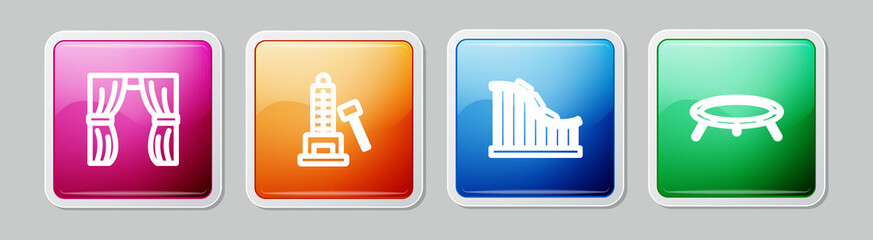 Set line Circus curtain raises, Striker attraction with hammer, Roller coaster and Jumping trampoline. Colorful square button. Vector